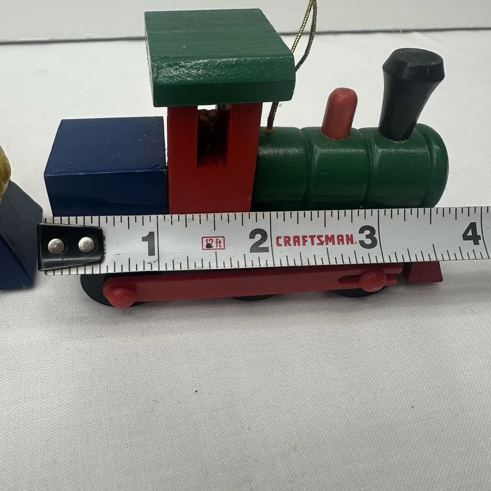 Lot / 3 Old-School Wood Block Locomotive Train Christmas Ornament Rolling Wheels
